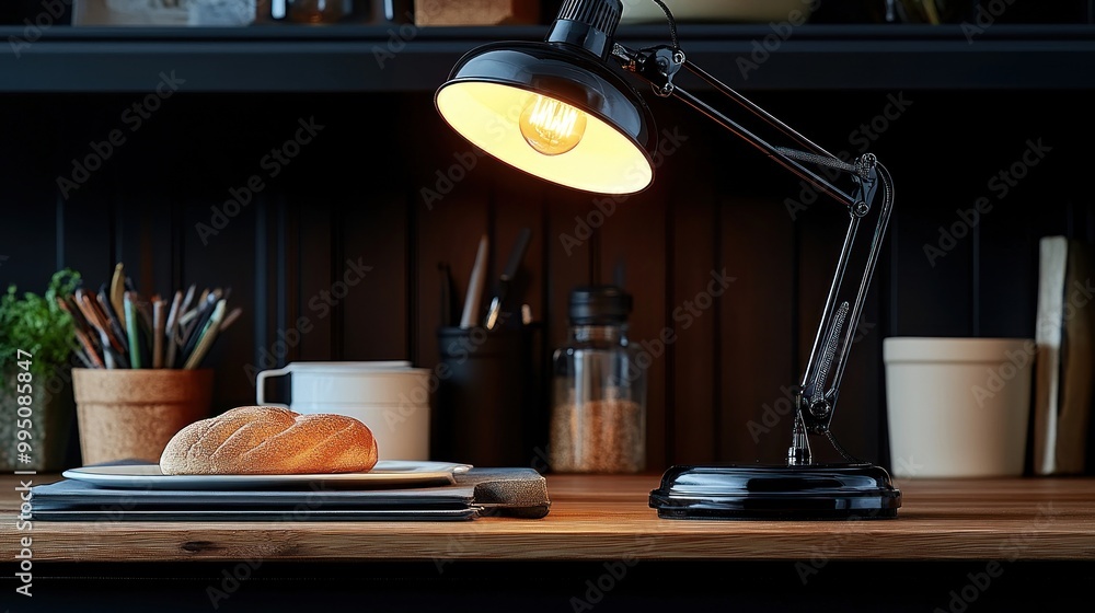 A cozy workspace featuring a lamp and a loaf of bread. A cozy workspace featuring a lamp and a loaf of bread.