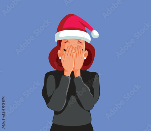 Crying Woman Wearing Santa Hat Vector Illustration. Unhappy girl feeling extremely sad during the holidays 
