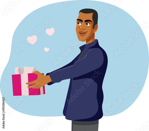 Happy Boyfriend Holding a Present Box Vector Cartoon. Cheerful man giving a generous gift to someone

