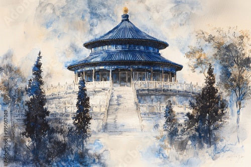 Wallpaper Mural An ink wash depiction of the Temple of Heaven, with its circular, blue-roofed structure subtly outlined in soft, flowing strokes Torontodigital.ca