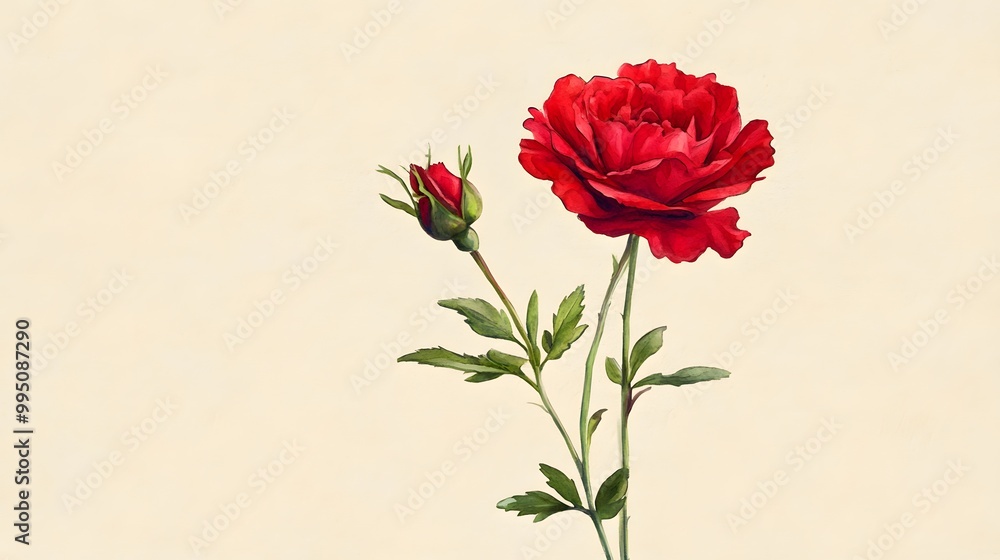 Watercolor Painting of a Red Rose with Bud on Cream Background Watercolor Painting of a Red Rose with Bud on Cream Background