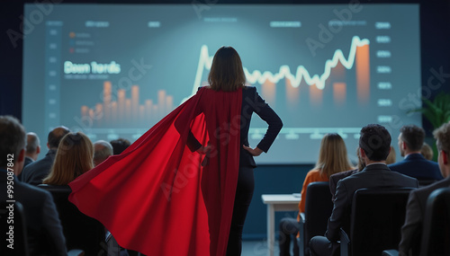 Businesswoman wearing red cape facing financial charts, symbolizing leadership and success. Business presentations, women empowerment, and leadership concepts.