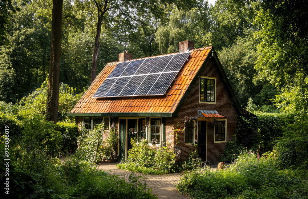 A traditional Dutch house with solar panels on the roof, surrounded by lush greenery and trees in an urban park setting A traditional Dutch house with solar panels on the roof, surrounded by lush greenery and trees in an urban park setting