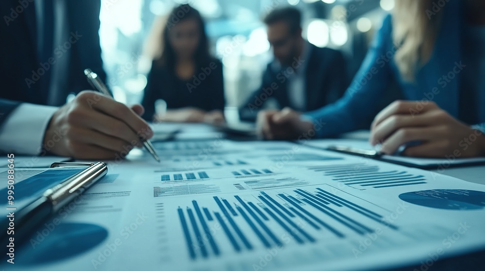 A diverse group of professionals collaborates over charts and data, analyzing statistics during a meeting in a modern office setting. A diverse group of professionals collaborates over charts and data, analyzing statistics during a meeting in a modern office setting.