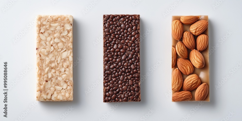 Three snack bars—nut, chocolate, and almond—neatly arranged on a white background. Three snack bars—nut, chocolate, and almond—neatly arranged on a white background.