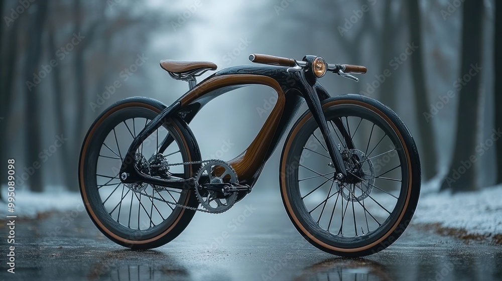 A sleek, modern bicycle showcased on a misty road. A sleek, modern bicycle showcased on a misty road.