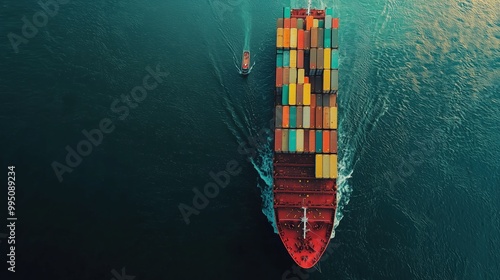 Aerial view of a cargo ship with colorful containers in an ocean