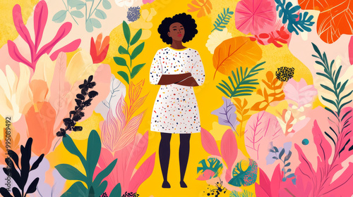 A confident Black woman stands tall amidst vibrant floral backdrop, her body language conveying strength and poise. colorful plants and flowers enhance lively atmosphere