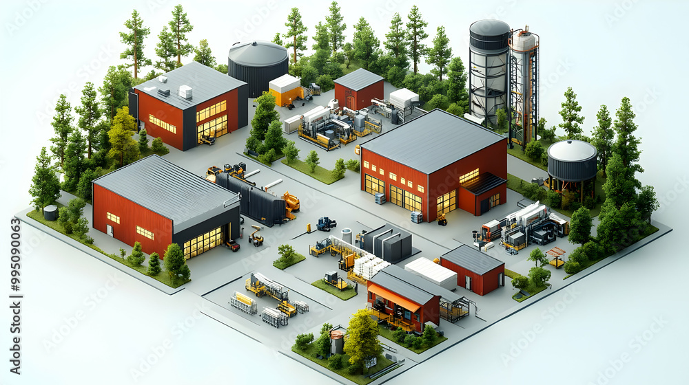 Obraz premium Industrial Complex with Buildings, Machinery, and Surrounding Trees