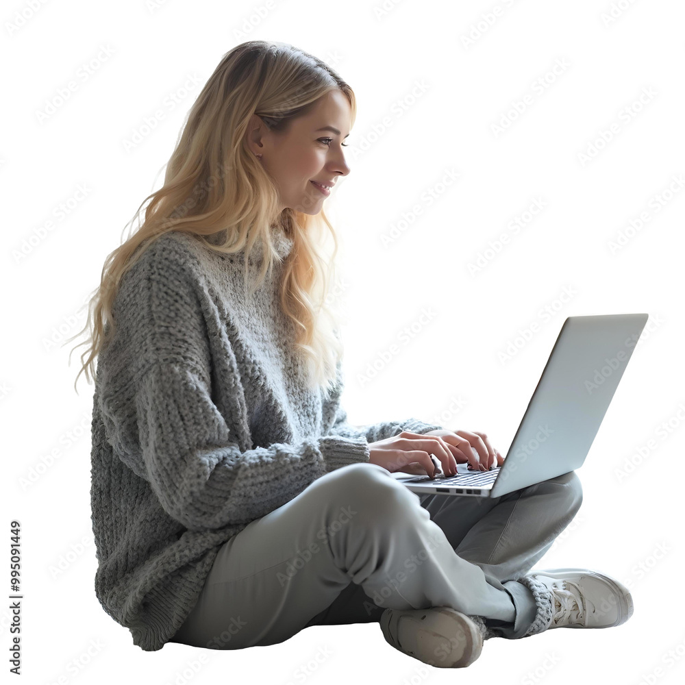 Naklejka premium Smiling Young Woman Sitting Cross-Legged Using Laptop on Transparent Background