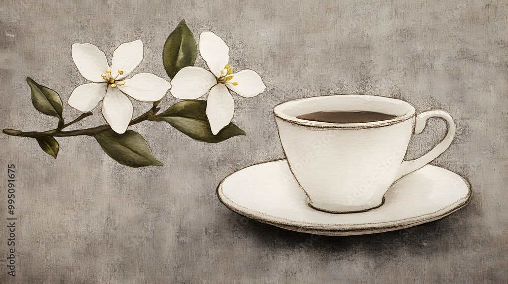 Coffee Cup and Flowers on Canvas Texture Background Coffee Cup and Flowers on Canvas Texture Background
