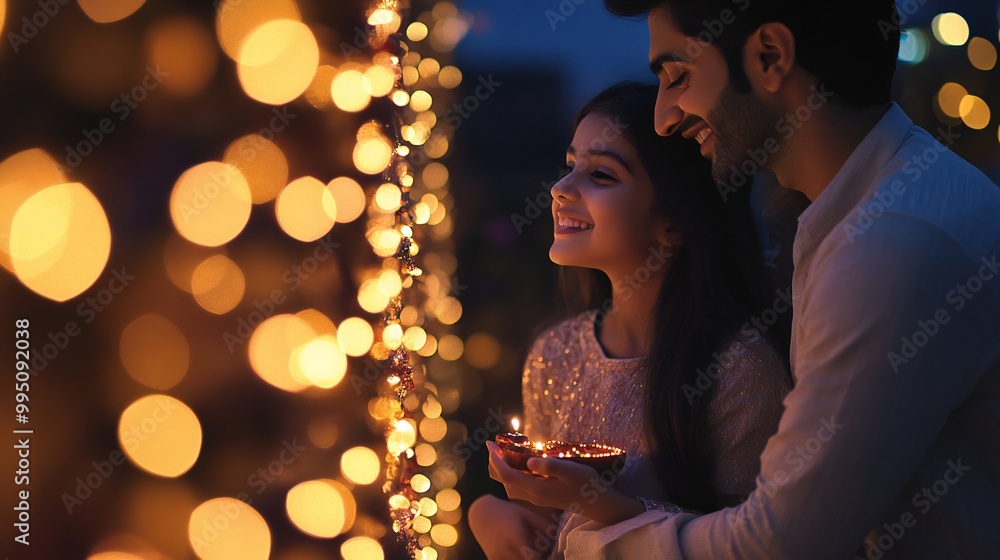 A family admiring their decorated home, with a softly blurred background of Diwali lights. A family admiring their decorated home, with a softly blurred background of Diwali lights.