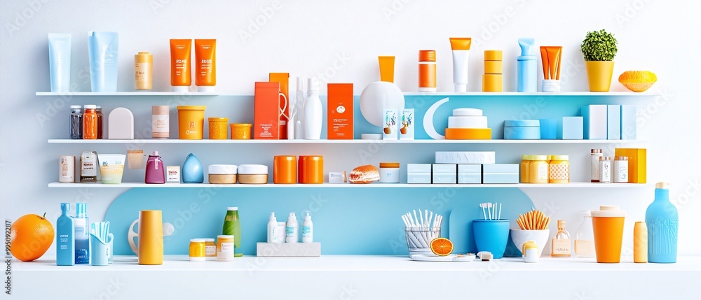 Cosmetics and Skincare Products on White Shelves with Blue and Orange Accents. Cosmetics and Skincare Products on White Shelves with Blue and Orange Accents.