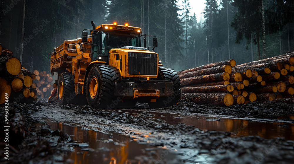 Forest Tractor Drives Through Mud and Logs Forest Tractor Drives Through Mud and Logs
