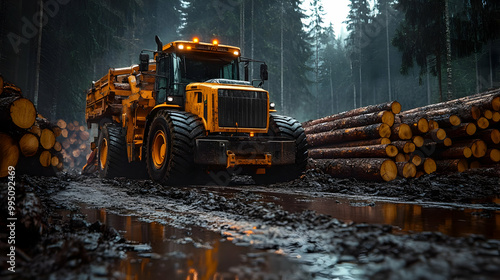 Forest Tractor Drives Throu...