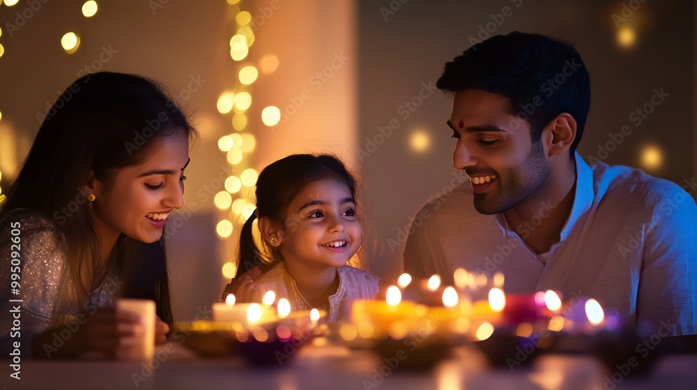 A family enjoying a Diwali dinner, with the glow of candles softly blurred in the background. . A family enjoying a Diwali dinner, with the glow of candles softly blurred in the background. .