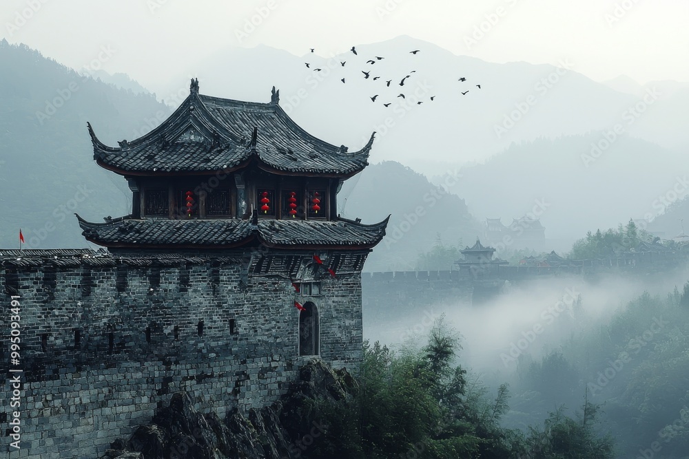 A serene, ancient Chinese watchtower standing on a massive stone wall, surrounded by a misty mountain landscape A serene, ancient Chinese watchtower standing on a massive stone wall, surrounded by a misty mountain landscape