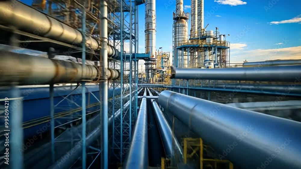 Modern Industrial Refinery Complex with Pipelines at Dusk Modern Industrial Refinery Complex with Pipelines at Dusk