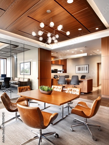Modern Office Interior with Wooden Ceiling and Leather Chairs.