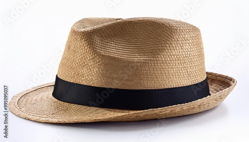 Straw Hat with Black Ribbon Isolated on White Background