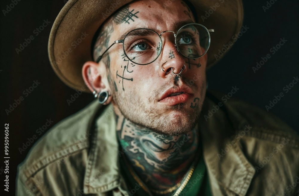 Fototapeta premium Young youth worker or youth pastor with tattoos, a hat and trendy glasses, looks up and prays, thinks, contemplates his career
