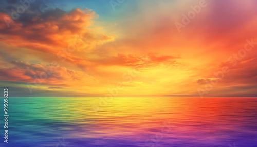 A dreamy sky transitioning from a golden sunset to a full spectrum of rainbow colors, giving off a vibrant yet calming feel