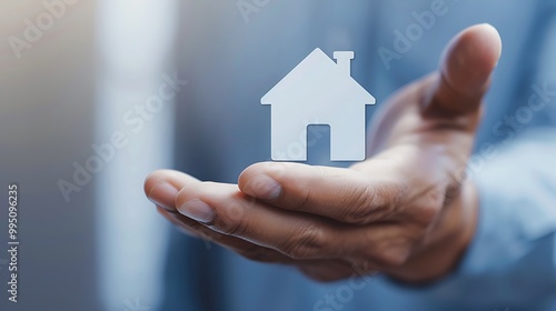 close up hand of real estate agent, big house icon is above hand, focus on hand