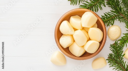 Tallow chunks in wooden bowl with greenery Top view of tallow chunks in a wooden bowl, surrounded by greenery, used for skincare, cooking, and soap making photo