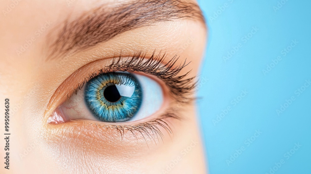 Close-up portrait of a human eye with striking blue iris and long eyelashes against a soft blue background, highlighting unique characteristics and beauty of the eye. Close-up portrait of a human eye with striking blue iris and long eyelashes against a soft blue background, highlighting unique characteristics and beauty of the eye.
