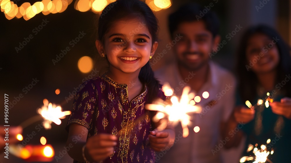 Children running around with sparklers, parents smiling, with a blurred Diwali background. Children running around with sparklers, parents smiling, with a blurred Diwali background.
