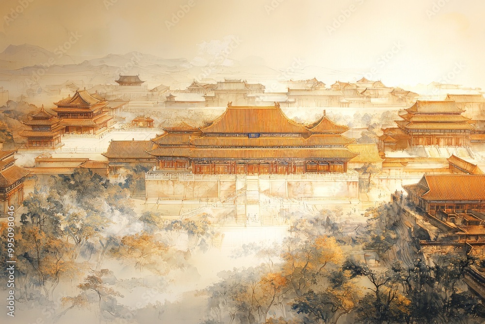 Φωτογραφία A grand ink wash painting of the Bianjing Imperial Palace, with its golden rooft