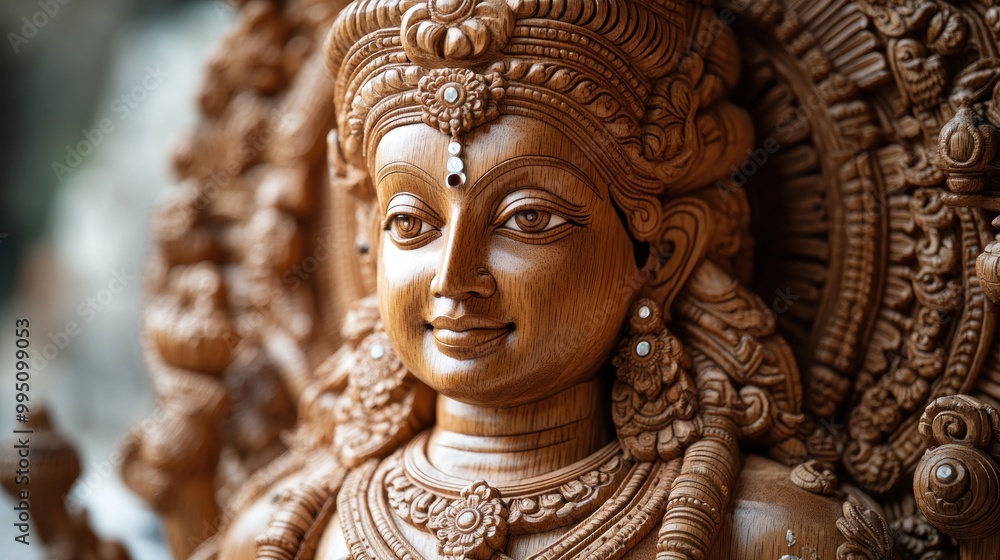 Intricate wooden sculpture of a deity with serene expression. Intricate wooden sculpture of a deity with serene expression.