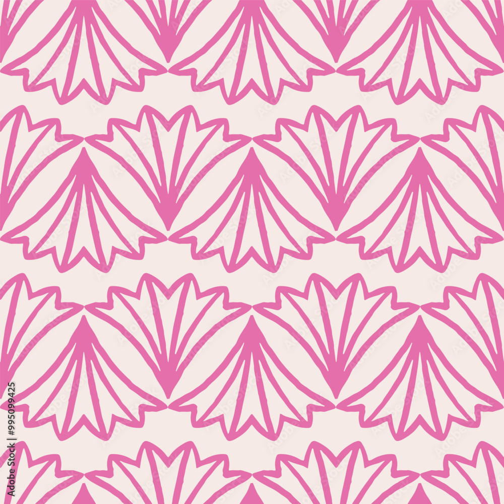 Seamless vector pattern with rows of pink geometric fan shaped flower outlines, textile, background Seamless vector pattern with rows of pink geometric fan shaped flower outlines, textile, background