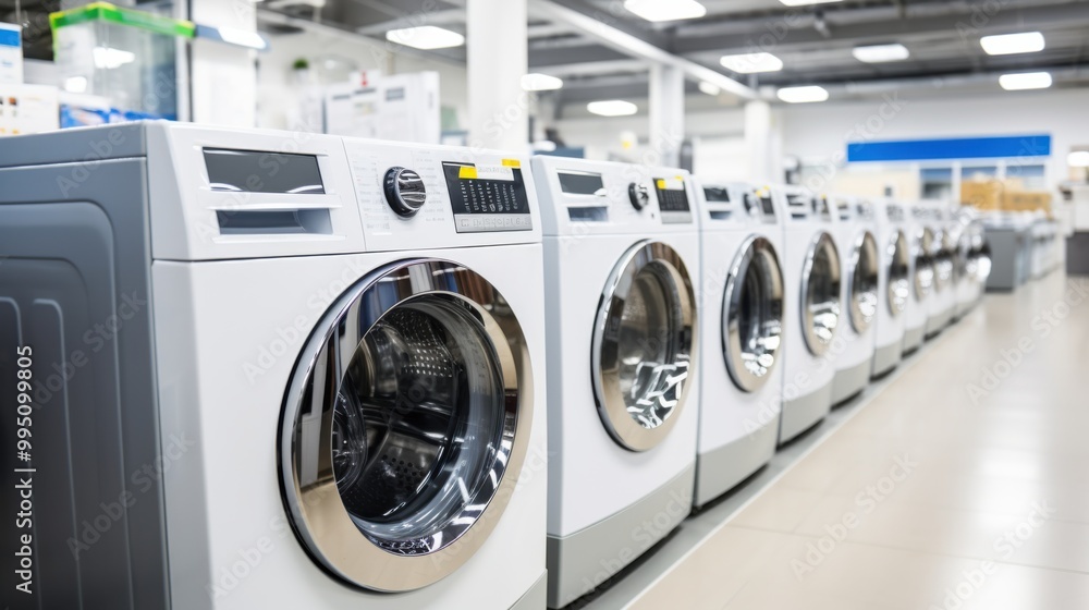 A row of modern washing machines in a well-lit appliance store, showcasing the sleek design and functionality of contemporary home appliances. A row of modern washing machines in a well-lit appliance store, showcasing the sleek design and functionality of contemporary home appliances.