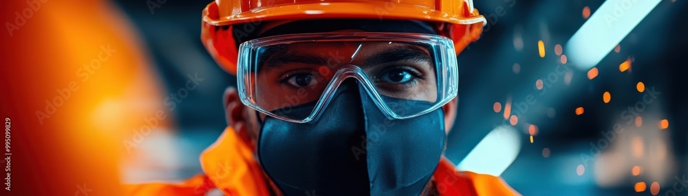 Close-up of a construction worker wearing safety gear, helmet, goggles, and mask in an industrial setting with bright lights and sparks. Close-up of a construction worker wearing safety gear, helmet, goggles, and mask in an industrial setting with bright lights and sparks.
