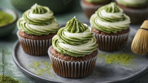 Delicious matcha cupcakes topped with creamy green frosting, beautifully arranged on a plate, highlighting the rich texture and vibrant color of matcha.