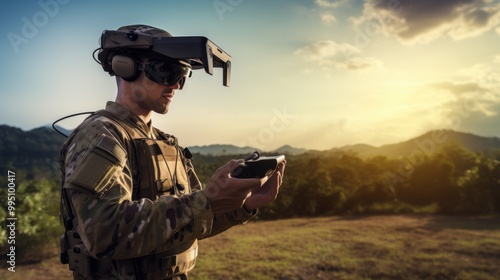 A soldier wearing a VR headset pilots a drone in a serene landscape, blending military technology with the tranquility of nature. photo