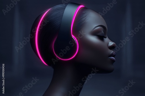 Elegant side profile of a black mannequin with neon pink headphones symbolizing modern sound technology digital creativity and fashion