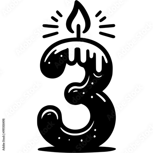 Number three in shape of lit hot candle for decorating birthday cake in monochrome. Simple minimalistic vector in black ink drawing on transparent background