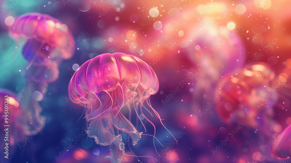 Graceful jellyfish floating in a dreamy underwater scene with glowing lights and vibrant colors Graceful jellyfish floating in a dreamy underwater scene with glowing lights and vibrant colors