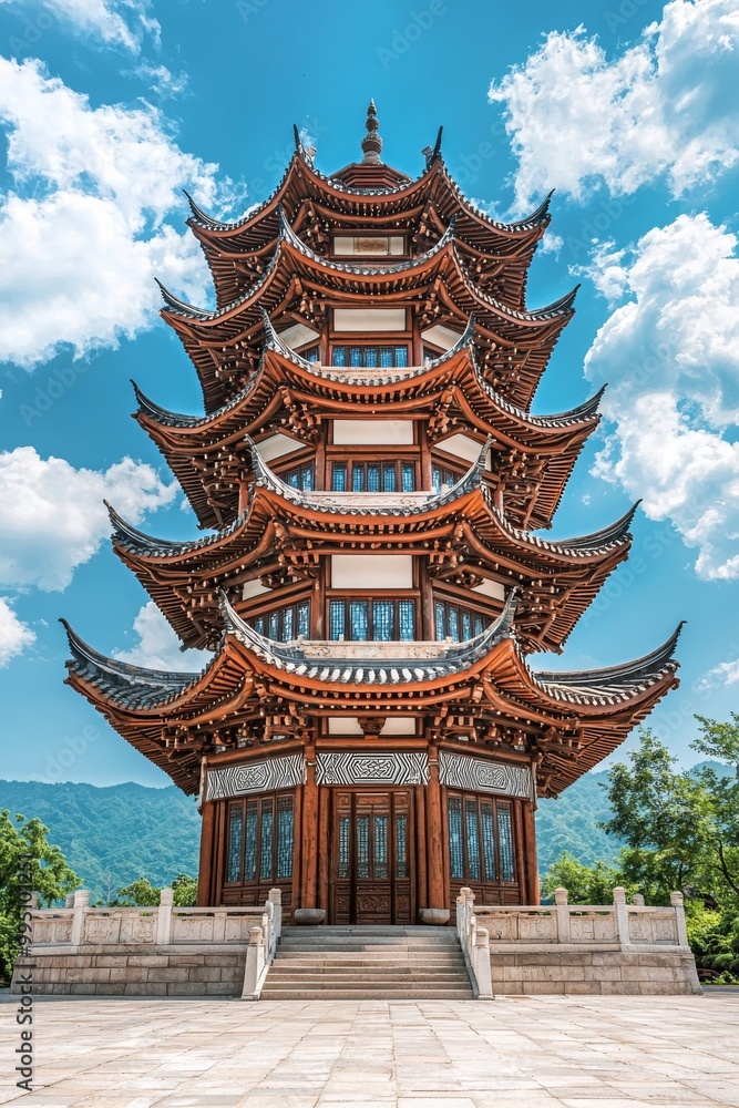 A grand, ancient Chinese wooden pagoda towering against a bright blue sky with scattered white clouds A grand, ancient Chinese wooden pagoda towering against a bright blue sky with scattered white clouds
