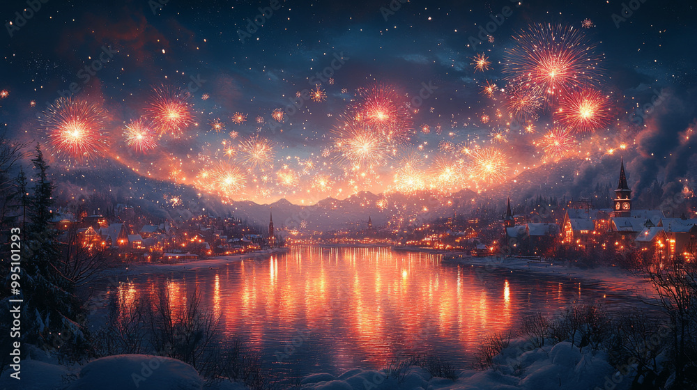 Spectacular Fireworks Over Snowy Village by a Winter Lake during Nighttime Festivities Spectacular Fireworks Over Snowy Village by a Winter Lake during Nighttime Festivities