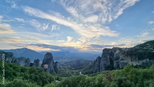 meteora churches in kalampaka city greece sunset time