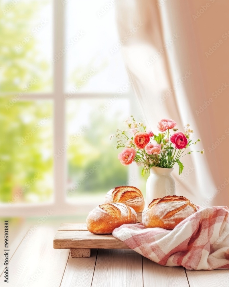 Cozy Rustic Kitchen Scene with Fresh Bread and Flower Vase in Sunlit Setting, Emphasizing Comfort and Natural Beauty Cozy Rustic Kitchen Scene with Fresh Bread and Flower Vase in Sunlit Setting, Emphasizing Comfort and Natural Beauty