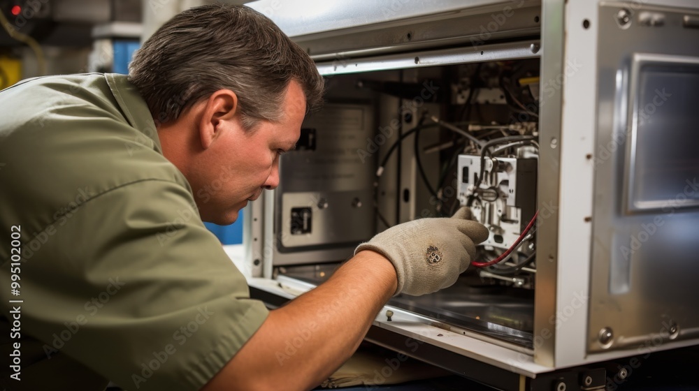An attentive technician closely examines the intricate inner workings of a machine, showcasing precision and technical expertise. An attentive technician closely examines the intricate inner workings of a machine, showcasing precision and technical expertise.
