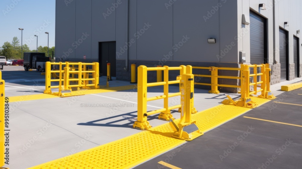 Bright yellow safety barriers and ramps surround a pristine loading dock, emphasizing meticulous organization and safety standards. Bright yellow safety barriers and ramps surround a pristine loading dock, emphasizing meticulous organization and safety standards.