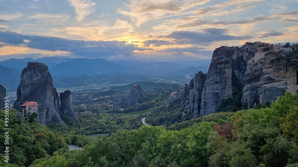Fototapeta premium meteora churches in kalampaka city greece sunset time