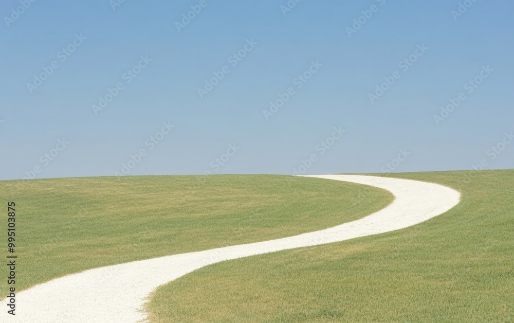 Naklejka premium Serene Winding Path through Lush Green Field under Clear Blue Sky