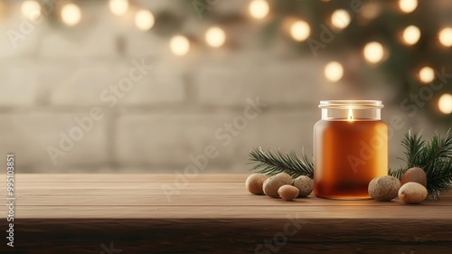 Hanukkah festival setup, with candles, oil jars, and festive garlands in the background, 3D illustration photo