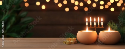 Hanukkah decorations, with dreidels, gelt, and a menorah in a cozy setting, 3D illustration photo